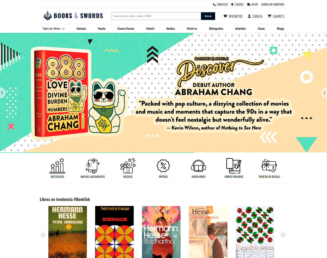 Screenshot of Books & Swords, a responsive bookshop website with search, filtering and a Google Maps integration
